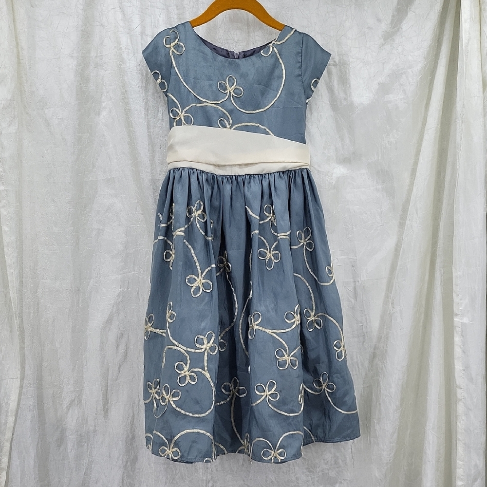 Sweet Kids Blue Metallic Ribbon Embroidered Taffeta, Capp Sleeve  Dress